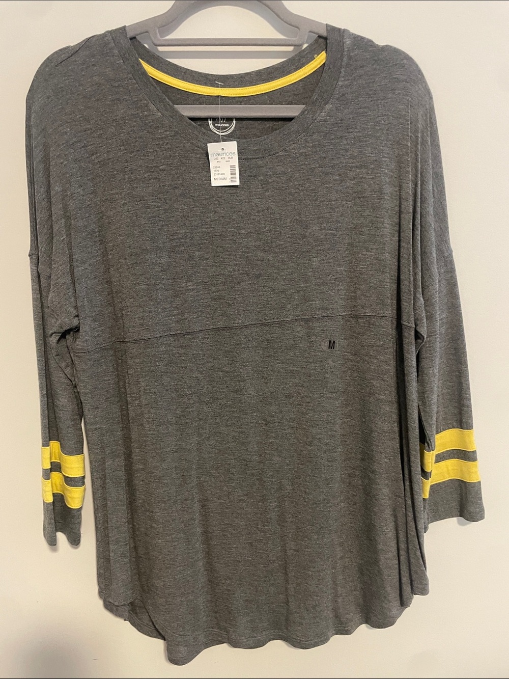 Maurices Gray Long Sleeve Scoop Neck Top with Yellow Stripe Accents